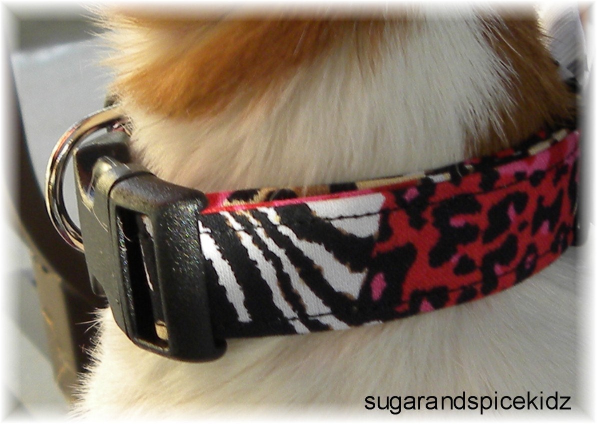 Dog Collar Jungle Fever Zebra Cheetah Leopard  Animal Print  SIZE  LARGE No Bow Adjustable Dog Collar with D Ring