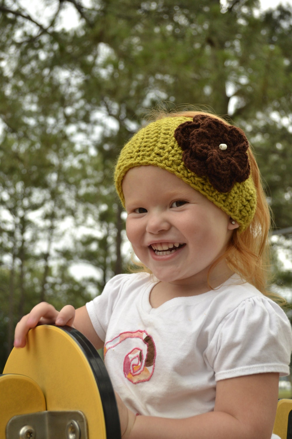 Chic boho Head Wrap with Jeweled Flower - lime green accented with brown
