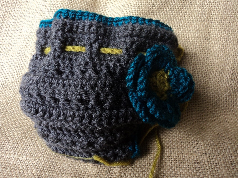 Crochet Diaper Cover with flower and bow- grey, teal and lime green (Matching head wrap also available) Great photo prop