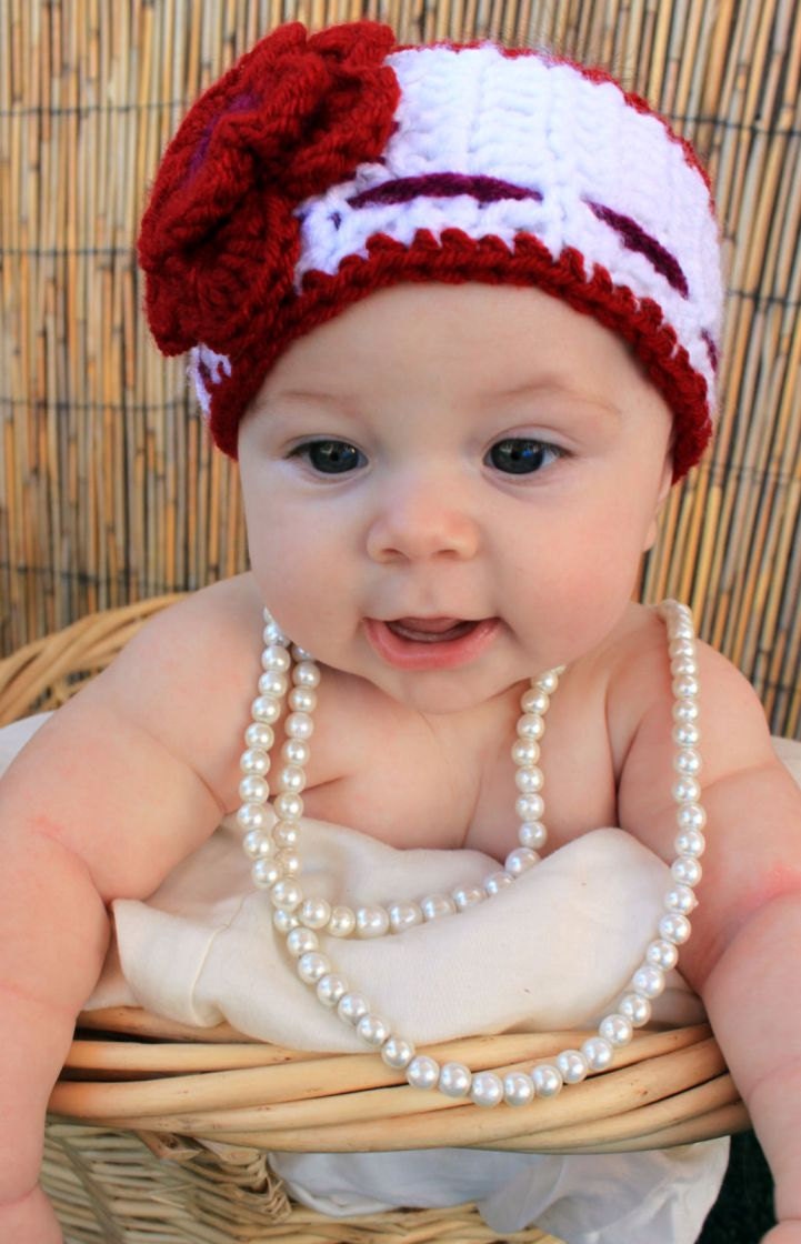 Crochet Diaper Cover with matching Head Wrap set, features a 2 layer flower and bow- White, Berry and Red