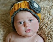 Crochet Head Wrap with 2 Layer Flower- Gold accented with Grey and Ivory