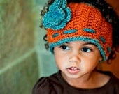 Crochet Head Wrap, Ear warmer with 2 Layer Flower- Orange accented with Blue and Grey