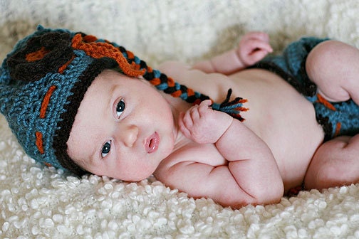 Crochet Elf Hat with Bow and Flower- photo prop- blue, brown and orange