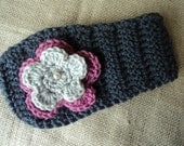 Crochet Headband, Head Wrap with Jeweled Flower - grey, pink and oatmeal