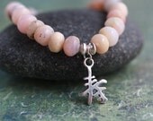 Pink Stacking Bracelet /  "Longevity" /  Natural Pink Opal Feminine Zen Modern Jewelry Rustic Chinese Charm Dangle