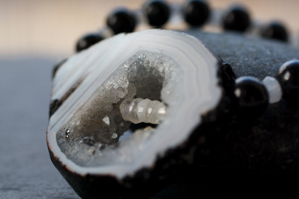 Black Stone Necklace / Tourmaline, Drusy Agate Necklace / OOAK Urban Boho Chic Modern Art Jewelry / "Lovely Thunder"