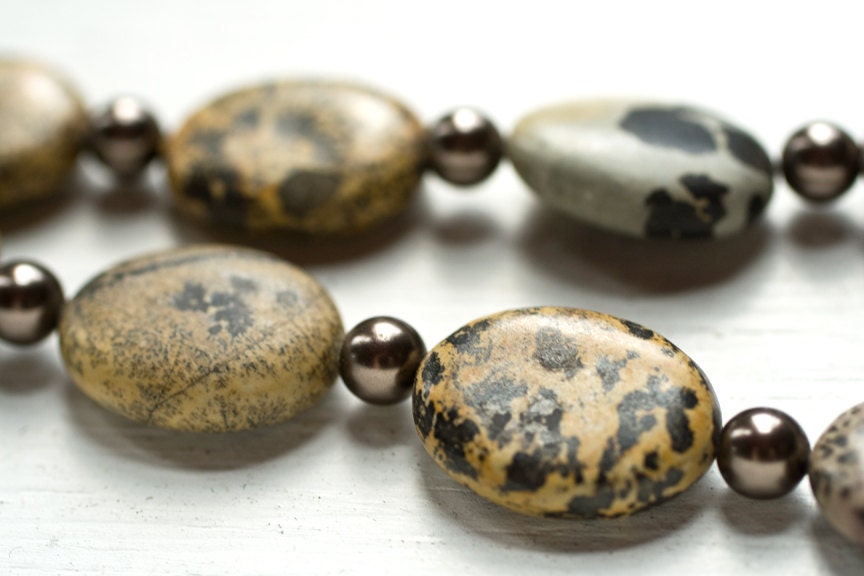 Leopard Print Bead Necklace - Jasper and Swarovski Pearl Gemstone Necklace -  Safari,  Boho Chic, Rustic Summer Fashion.