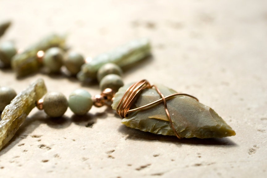 Tribal Arrowhead Necklace - Native American Inspired - Sage Green Copper Rustic Summer Fashion