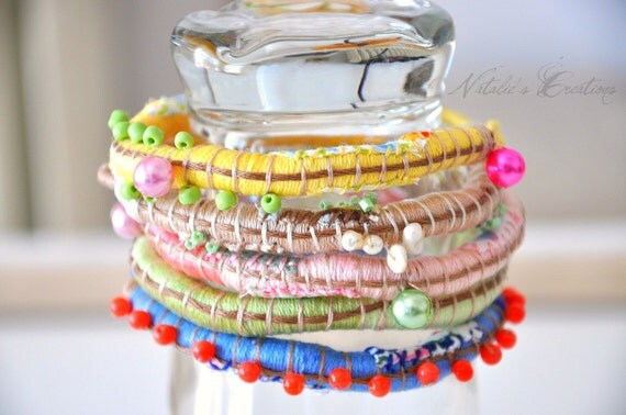 Spring Colorful Bib Statement Bangle Embroidery Jewelry Eco Friendly Hand Sewn Gift For Her Accessories  ( Choose1 Bracelet )