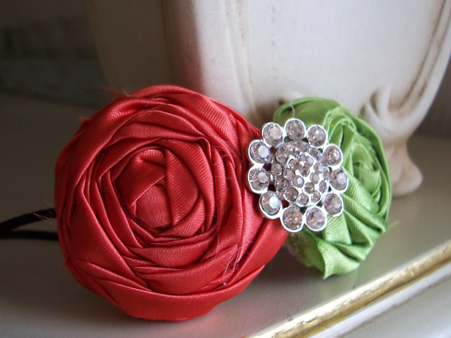 Sassy Sorbet-  Orange-Pink and Green With Crystal Button-Rolled Fabric Flower Rosette Headband Photo Prop for Adults, Teens, and Children