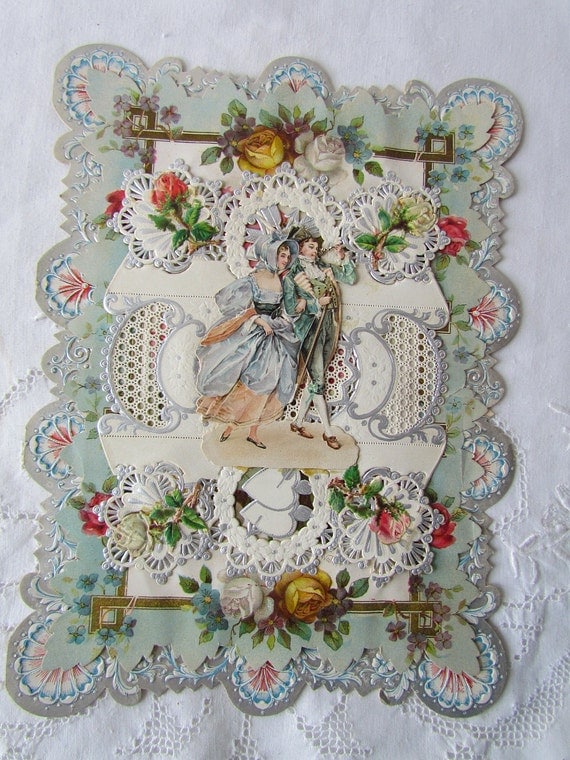 Antique Victorian Valentine Card Lacey Layer Die cuts message inside