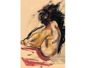 Yellow Splash Pastel Acrylic Nude Figure Drawing, No. 24 - print 8x11.5 inch (21x29.5 cm)