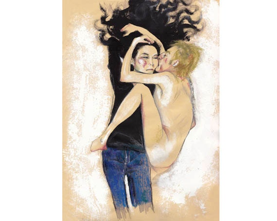 Yoko Ono John Lennon Kiss Illustration Drawing - print 8x11.5 inch (21x29.5 cm)