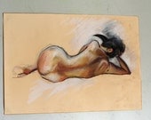 Original soft pastels drawing on paper, bronze gold mask nude No.25 by juliacalimera