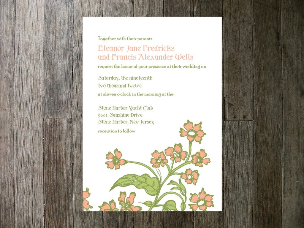 Printable Wedding Invitation - Flowers Pink and Green