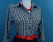 SALE   Vintage Cotton Black and White Gingham Plaid 1950s 1960s Look Button Down Blouse