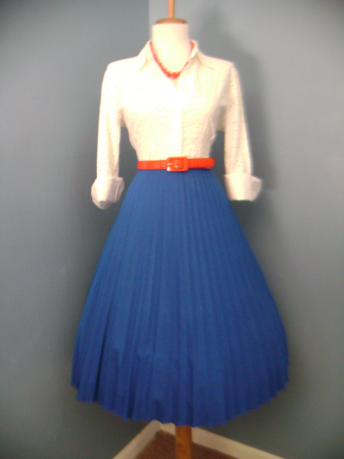 VINTAGE 1960s 1980s Royal Blue Accordion Style Pleated Full Skirt