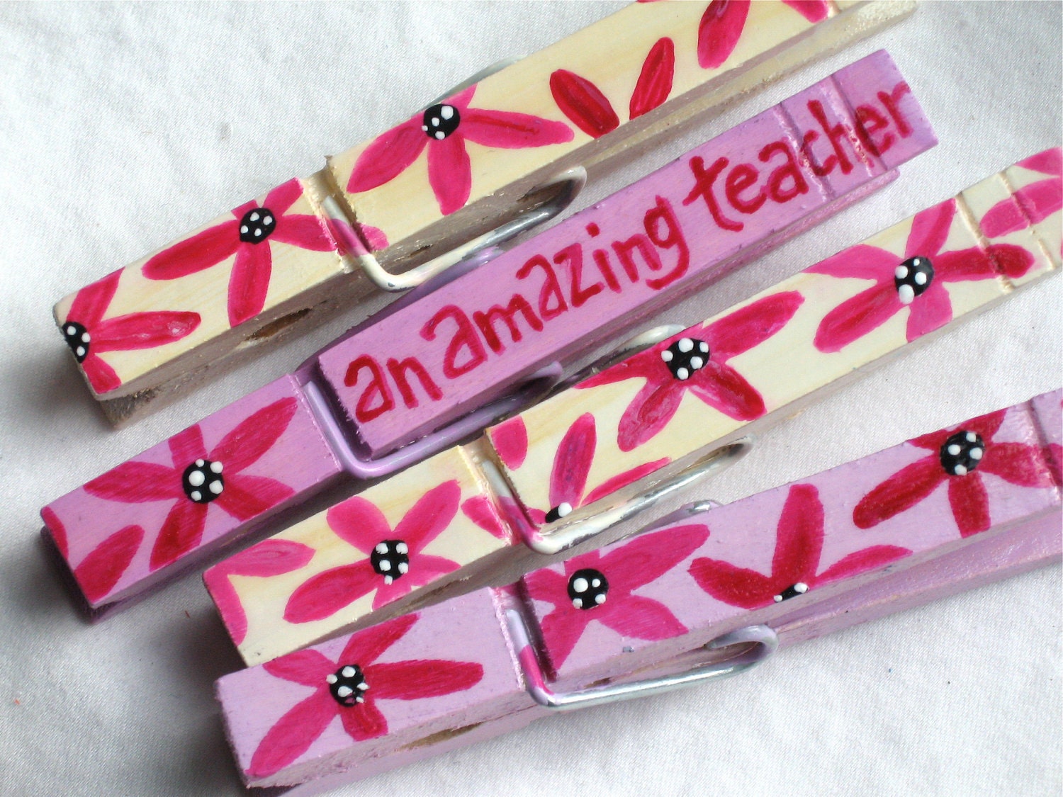AMAZING TEACHER FLOWERS fuschia hand painted magnetic clothespin set