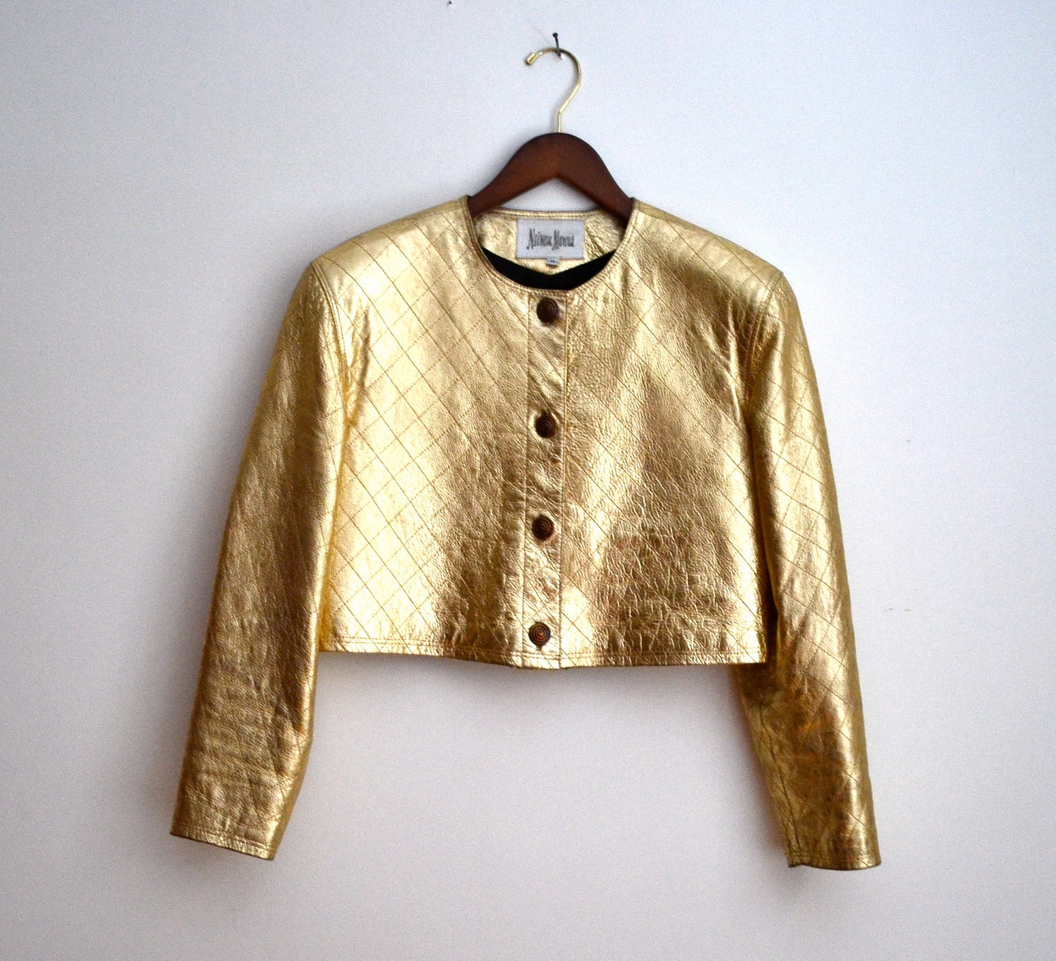 Vintage 80s Cropped Metallic Gold Leather Jacket, Size 8