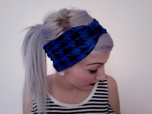 hounds tooth LARGE PRINT royal blue knit turban headband