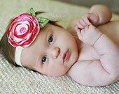 Pink Satin Headband with Green Fabric Leaves Elastic Headband Baby Toddlers Tweens