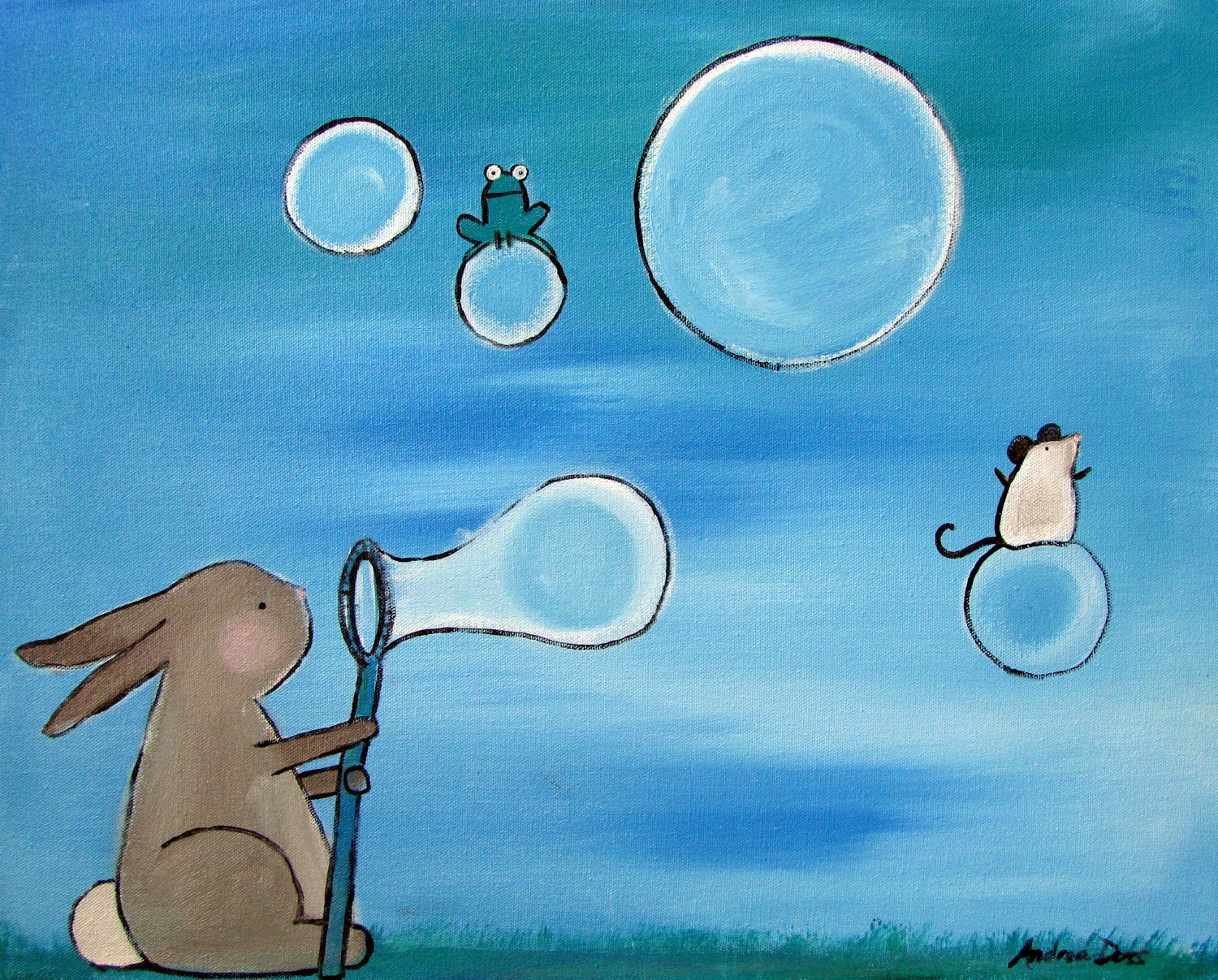 Whimsical Children Decor, Bunny Rabbit Nursery Art, Kids Room Woodland Painting, Original Acrylic Painting
