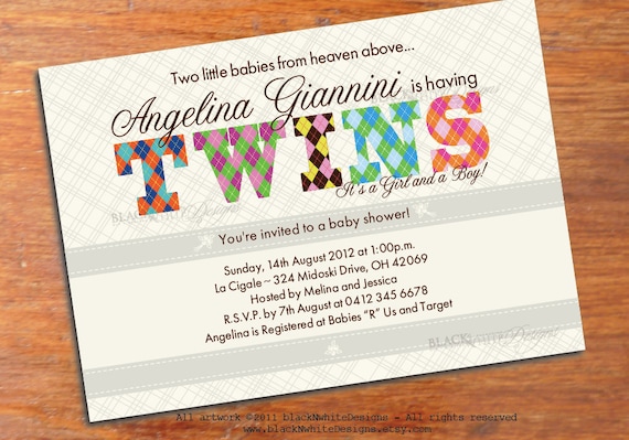 Twins - Baby Shower Argyle Invitation - Customized Invites - Pdf ...