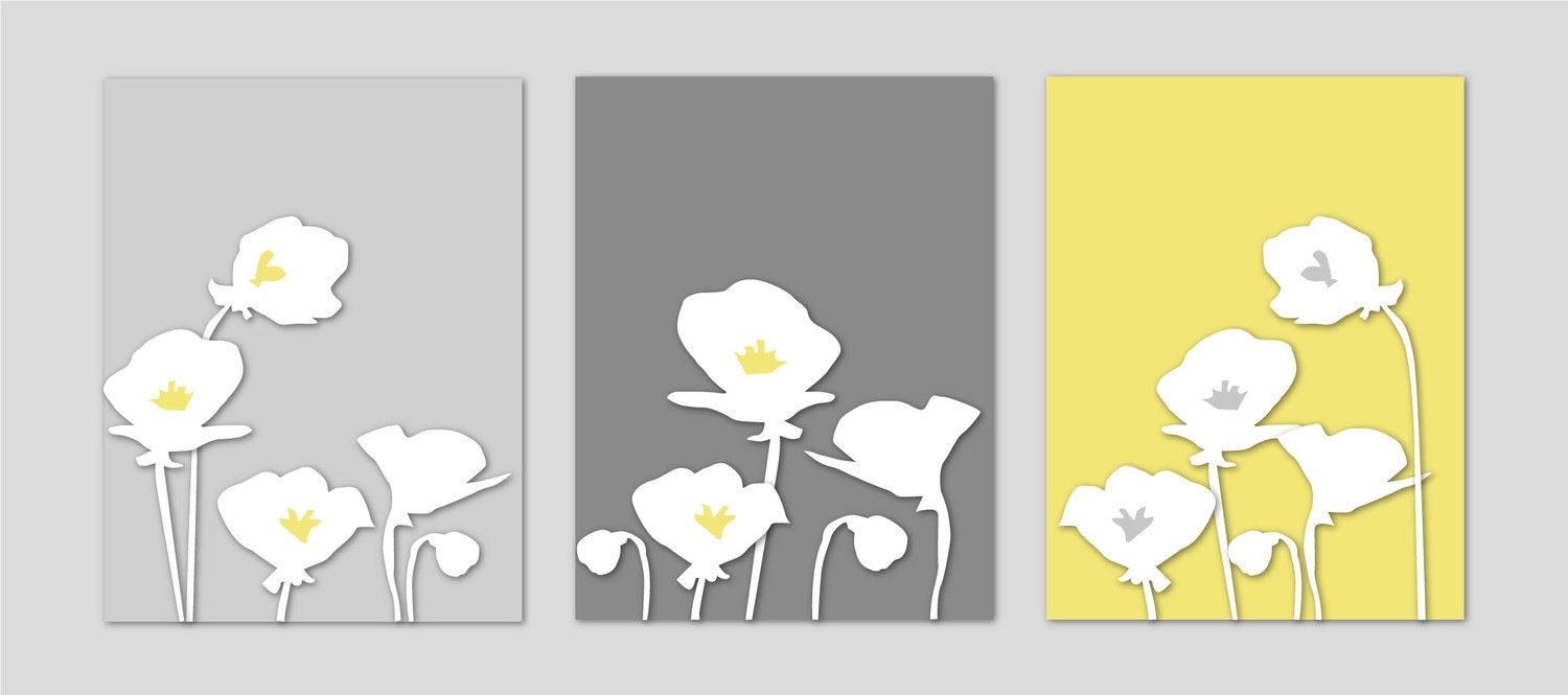 Yellow and Gray Home Decor Botanical Prints - Bedroom Art Nursery Art - Poppies Yellow and Gray Silhouette Series - Set of three 8x10s - karimachal