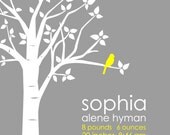 Personalized Custom Baby Name/Birthdate Love Bird Art Print - Poster for Nursery - 16"x20" print (Yellow/Gray or Gray/Pink))