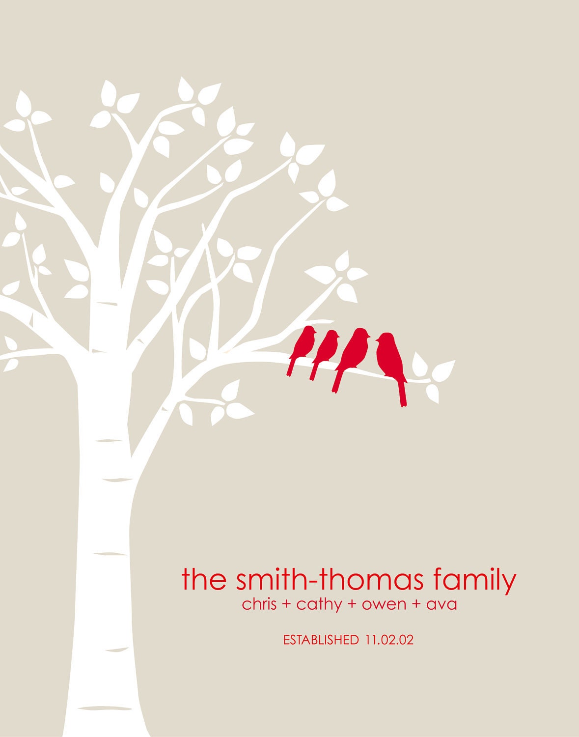 Housewarming Gift - - Mother's Day Gift - Custom Personalized Family Love BIrd Tree - 11x14 Print (Red/Stone or you choose your own colors)