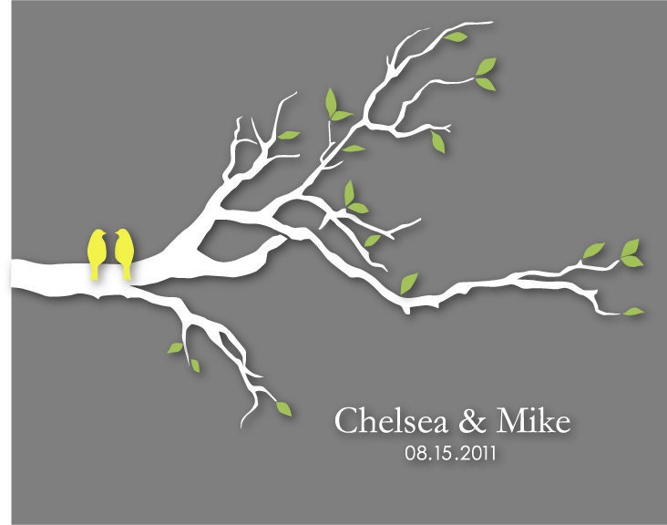 Personalized Custom Wedding Love Birds Tree Branch - Anniversary Gift - Family Tree Print - 8"x10" (yellow/gray)