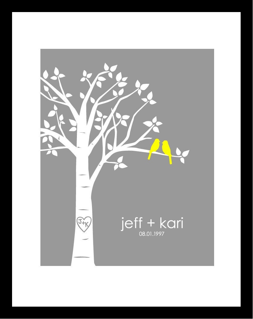 Personalized Wedding Gift, Love Birds in Tree with Carved Initials and Names/Wedding Date, 8x10 Family Tree Print