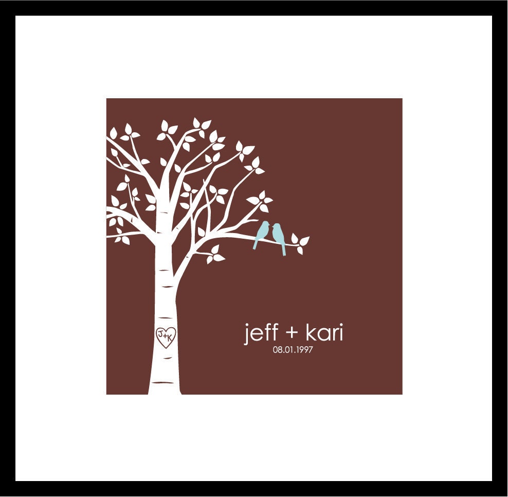 Personalized Custom Love Birds Wedding Tree - Square 8"x8" (Pale Blue/Dark Brown)