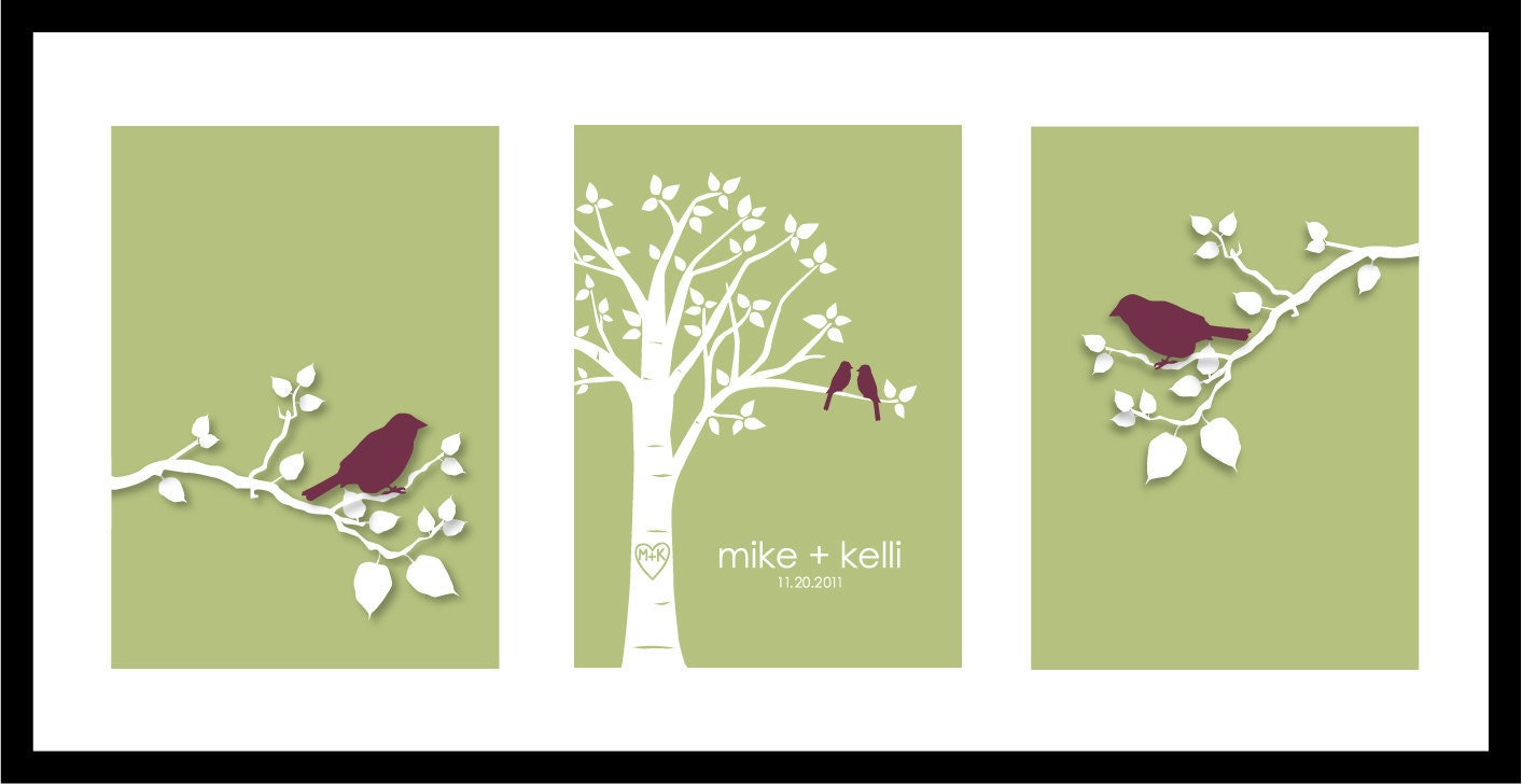 Personalized Custom Love Birds Family Tree - Bird on Branch - Set of three 5"x7"s (Eggplant/Olive)