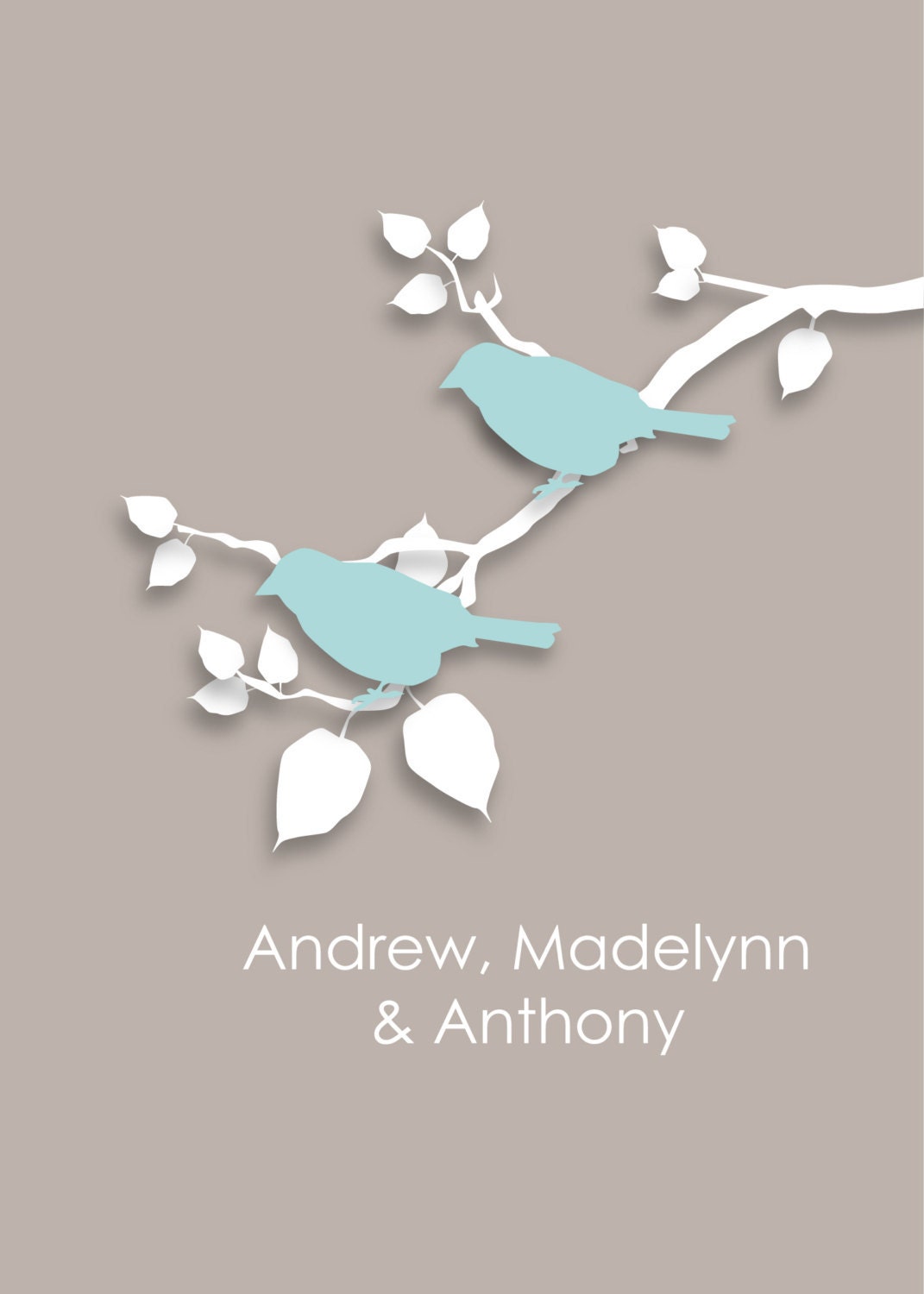 Personalized Custom Love Birds Family Tree - Bird on Branch - Set of three 5"x7"s (Pale Blue/Taupe)