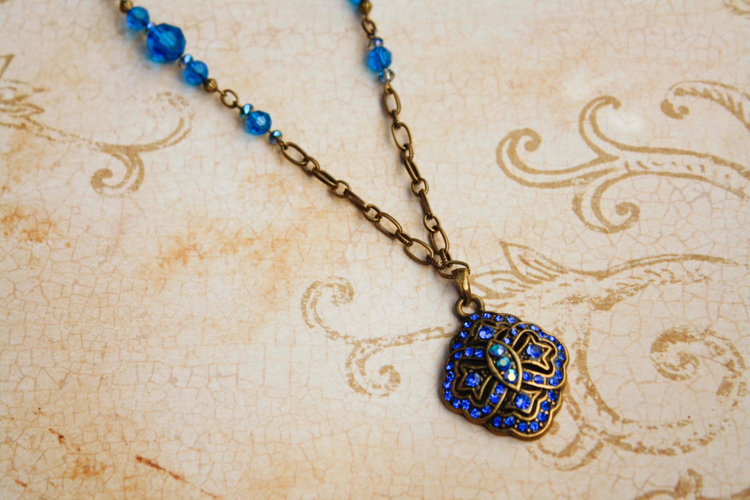 Capri Blue Rhinestone Vintage Style Necklace in Antique Brass