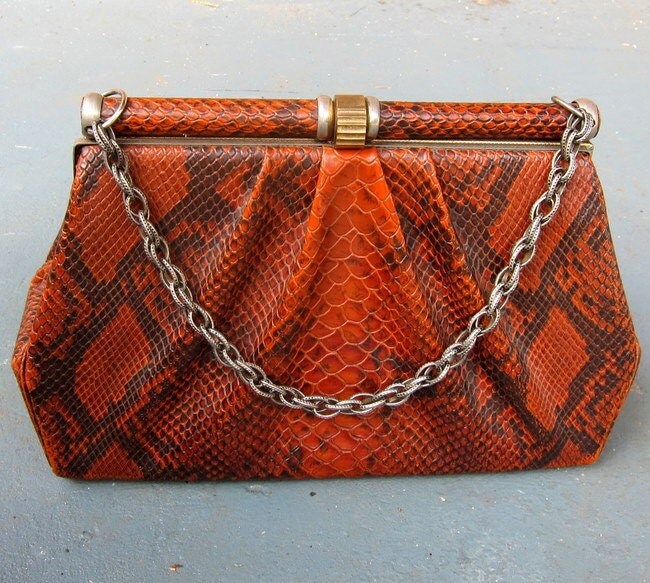 Vintage Snakeskin Purse with Chain Handle - Faux Python 1970s
