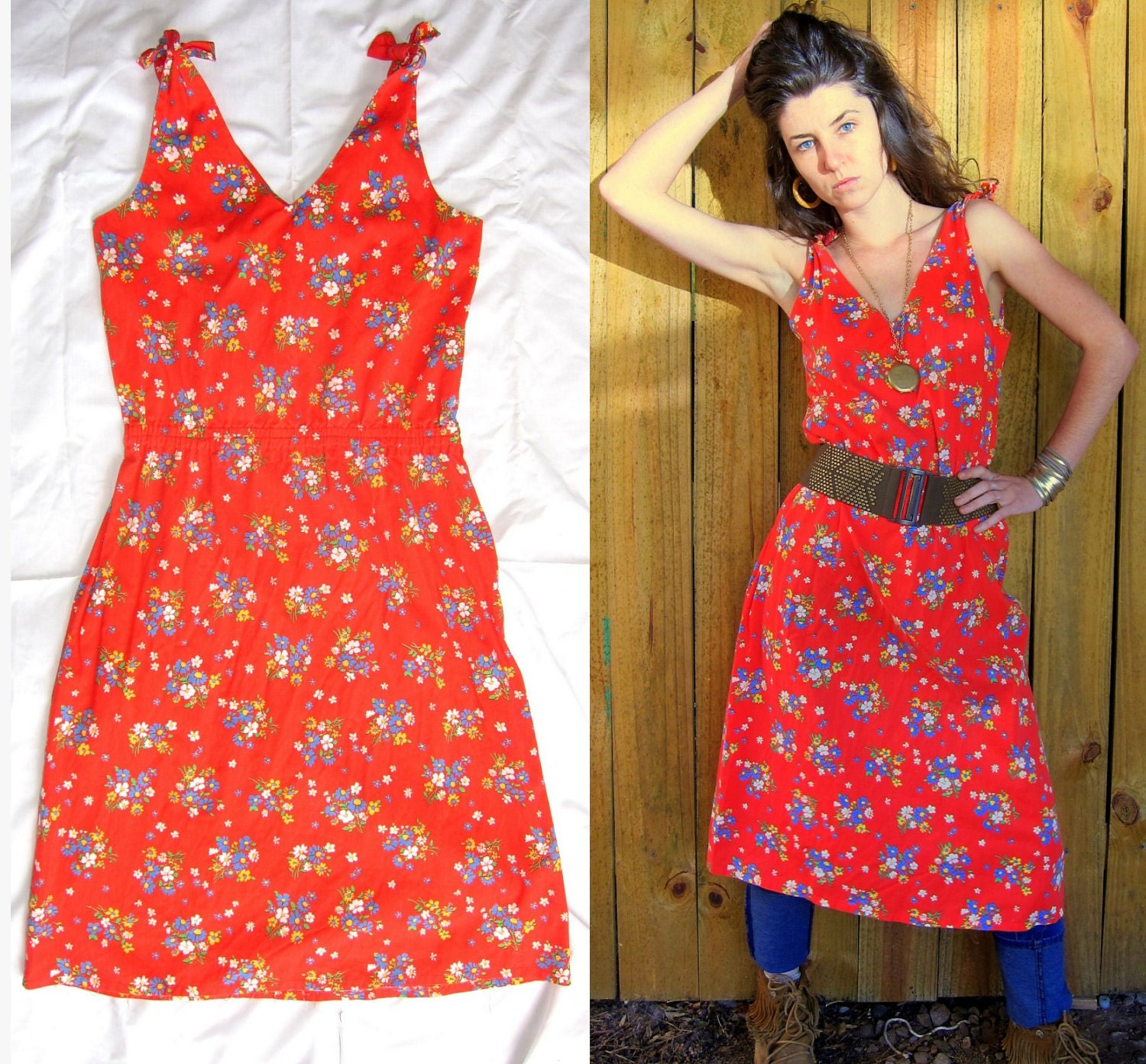 Vintage Summer Dress Red Floral Design size M/L