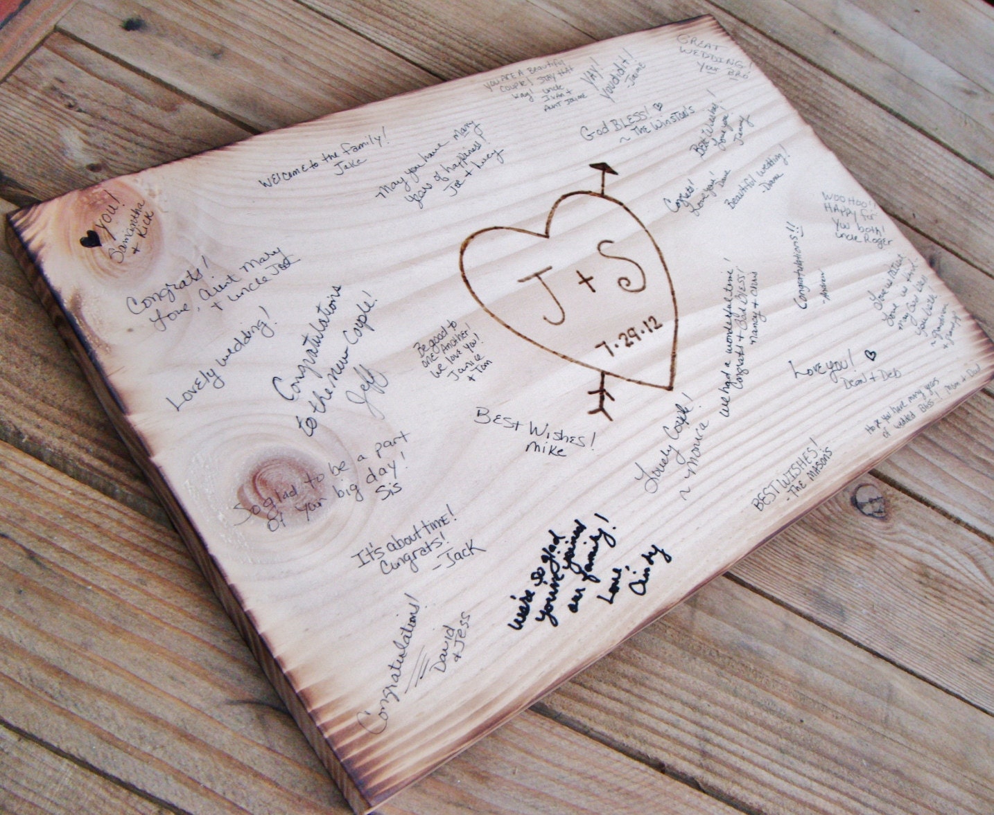 Rustic Wedding Guest Book Alternative, Wedding sign, Bridal Shower, Anniversary Party - wood burned heart w bride & groom initials, date