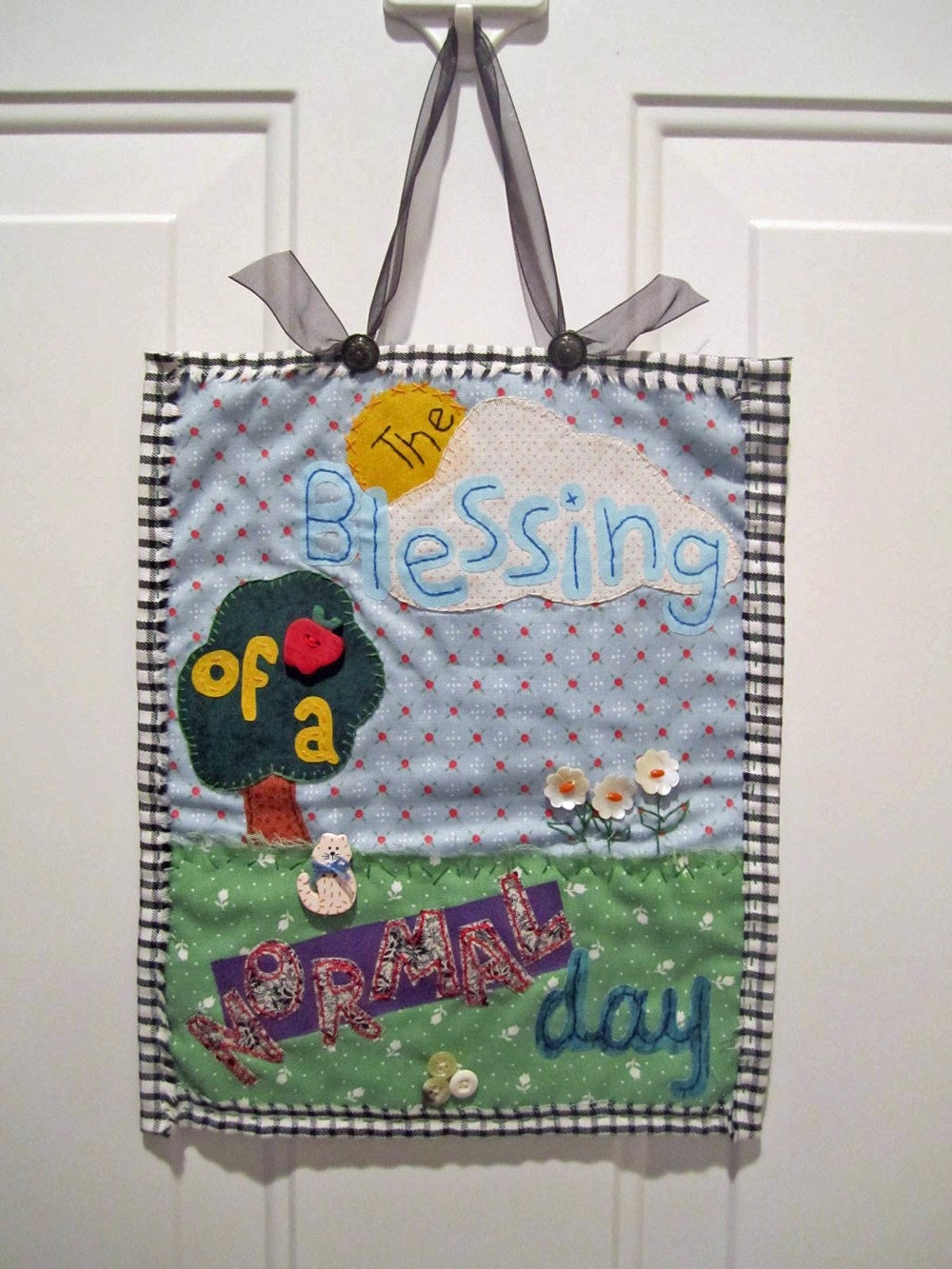 Blessing of a Normal Day Handstitched OOAK Folkart Mini Art Quilt Spring Decor