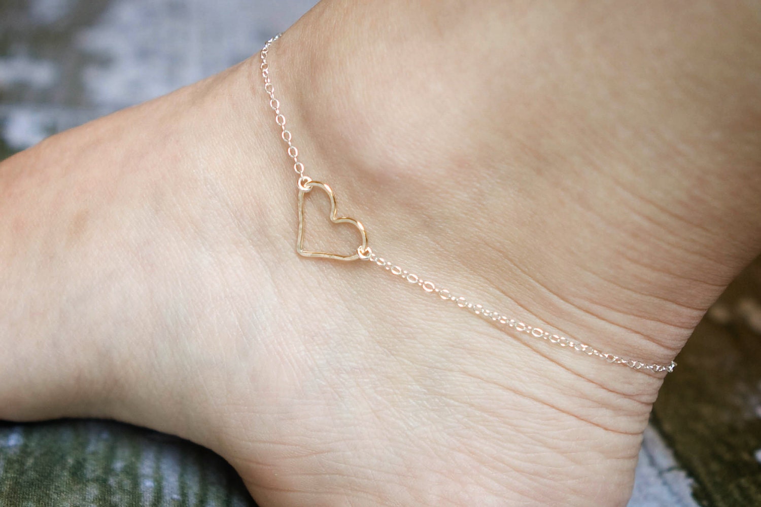 Hammered Heart Ankle Bracelet - Gold Filled Heart on Sterling Silver Chain - Mixed Metal Anklet