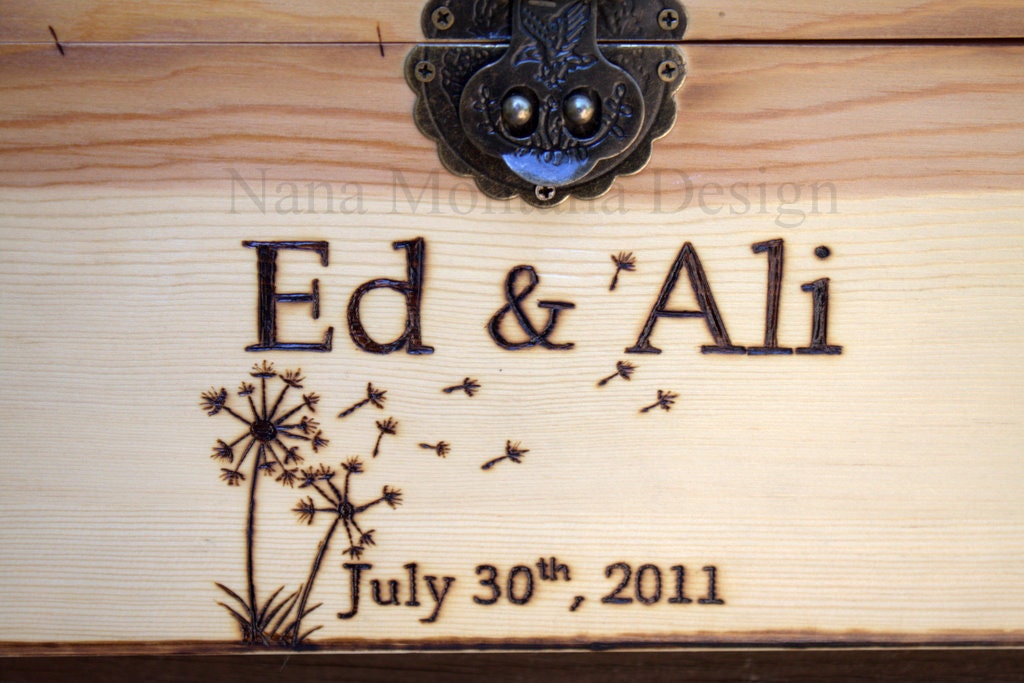 Personalized Rustic Wood Wedding Card Box, Keepsake Box, Dandelion in the Breeze