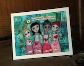 Folk Art Notecard: Sisterhood Girls Note Card - 4x5.5 blank greeting card, Inspirational Art, Mixed Media Art - 50 percent donated to FORCE