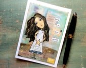 Folk Art Notecard: Free Spirited Girl Note Card - 4x5.5 blank greeting card, Mixed Media Art, Whimsical Art, Girl Art -  aqua, tan