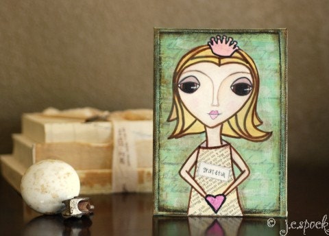 Original Art Painting: Grateful Princess Girl - 5x7 Original Mixed Media Art, Whimsical Art, Girl Art, Folk Art, Inspirational Art, aqua