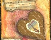 Mixed Media Art: Soulful Heart - 5x5 print - Whimsical Art, Folk Art, Inspirational Art, Wall Art, Heart Art - pink, peach, brown