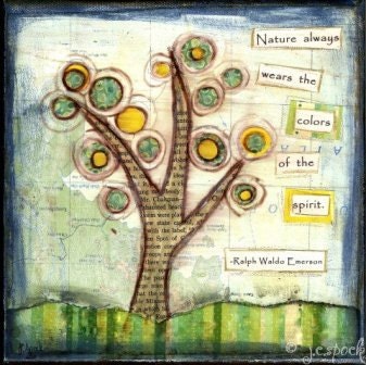 Mixed Media Art: Spirited Tree - 5x5 print - Whimsical Art, Folk Art, Inspirational Art, Wall Art, Tree Art - green, yellow, blue