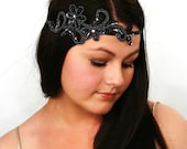 Beaded Ribbon Headband, Gunmetal, gray, pewter, beads and sequins, halo, crown, head wrap, hair accessory - Beaded Boheme - Pewter