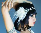 Flapper Headpiece, Headband, Roaring 20s, The Great Gatsby, Vintage Inspired, 1920s, 1930s, Ivory, Pearl, Hairpiece, Bridal, Party, Feather