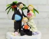 Tropical beach custom  wedding cake topper gift decoration - Cute couple in beach with their kid